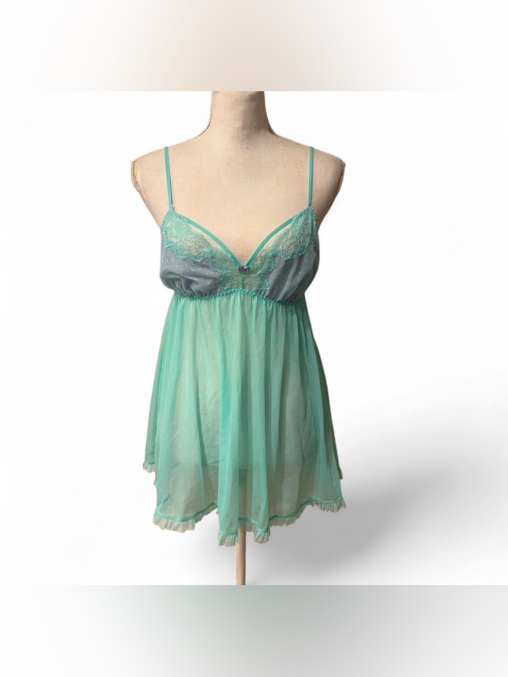 Vintage Victoria Secret Babydoll Teddy Lingerie Light Green/Purple Sheer Sz L